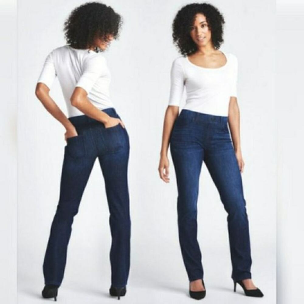 Betabrand Dress Pant Yoga Pants Women 2X Petite Blue Indigo Straight Leg Denim